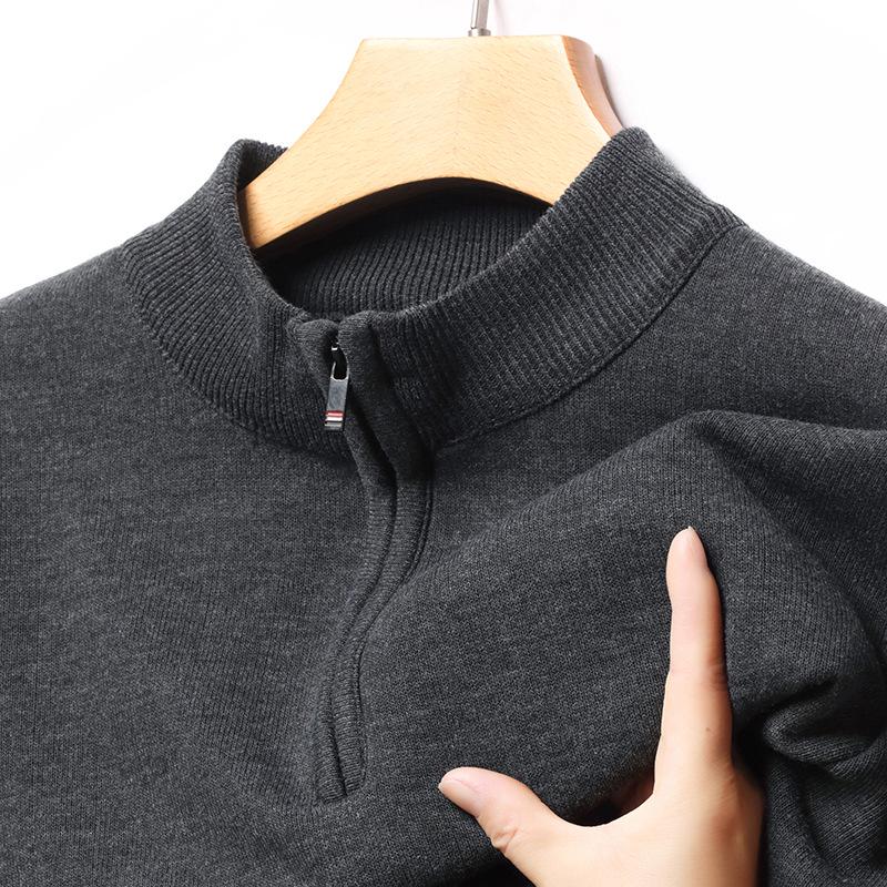 Men’s Fleece-Lined Half-Zip Pullover Sweater – Trendy Long-Sleeve Knitwear with Half-High Collar for Autumn/Winter.