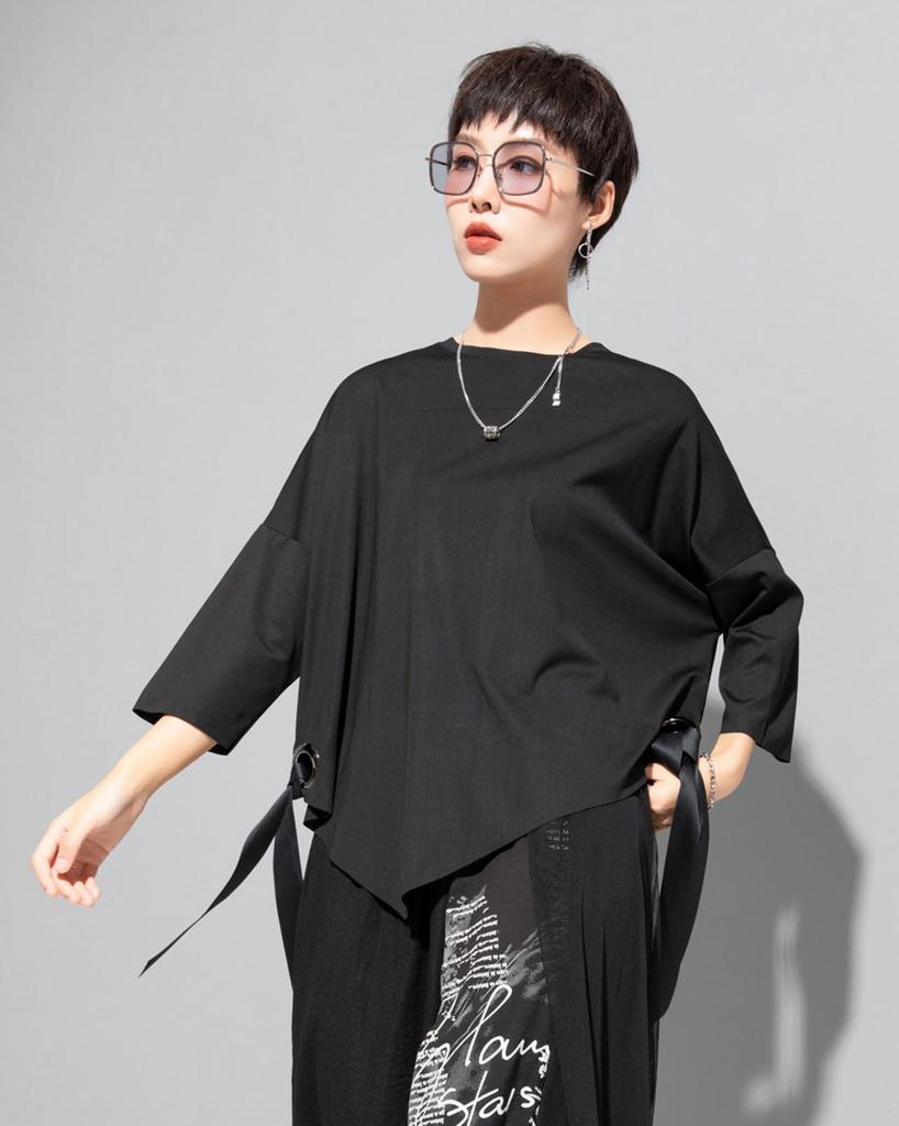 Morino Sleeve with Drop Asymmetrical Ring Loose and Trendy for Spring and Summer Women's 3/4 T-Shirt Shoulder, Design, Fit, Unique, (L, Black)