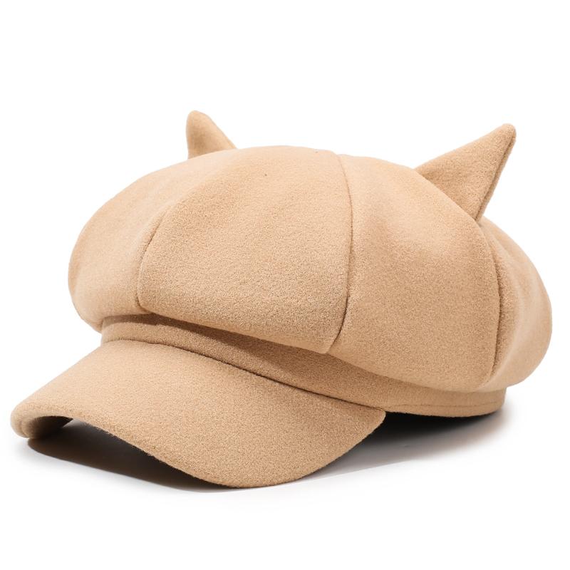 Cute Cat Ear Octagonal Hat, British Retro Wool Beret, Women's Solid Color Trendy Painter Hat