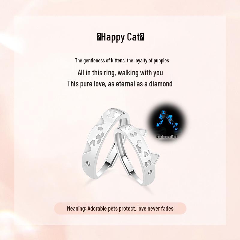 Luminous Sterling Silver Happy Cat & Dog Couple Rings - Light Luxury Cute Design Gift for Men & Women