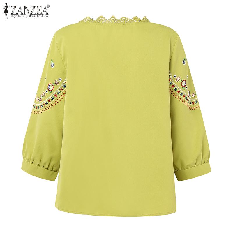 ZANZEA Womens Casual Embroidery Lace Patchwork 3/4 Sleeve Loose Blouse