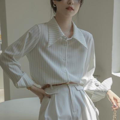 Striped Long-sleeved Shirt Women's Spring and Autumn Professional White Blouse French Gentle Department of Tops