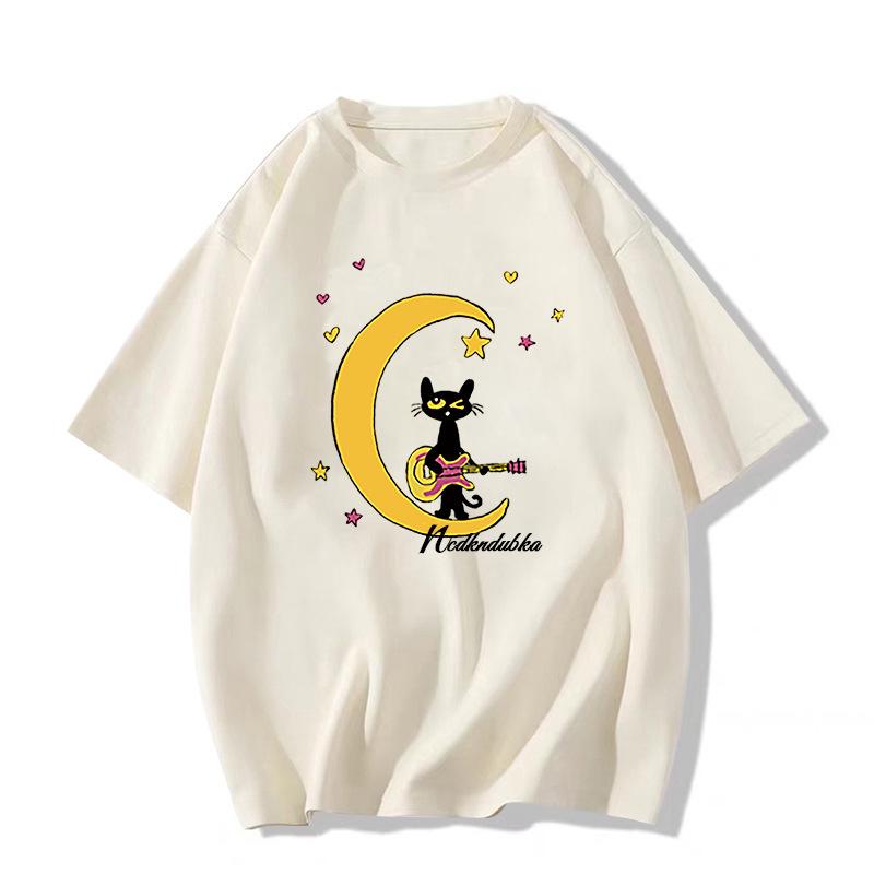 Summer 2025 Women's Loose White Cotton Short Sleeve T-shirt with Unique American Design