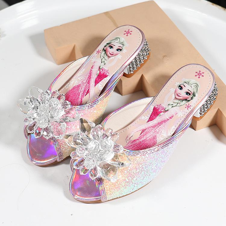 

кришталеві тапочки для дівчаток позасезонна мода зі стразами дитячі босоніжки на високих підборах мила принцеса Ельза дитяче взуття середнього та старшого віку 33