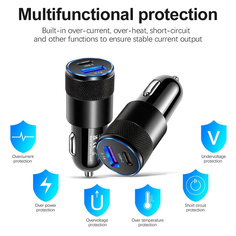 3.1A USB+PD Car Charger 1 To 2 Threaded Plug Mini Portable Multi-Functional Type-C Charger For Mobile Phones