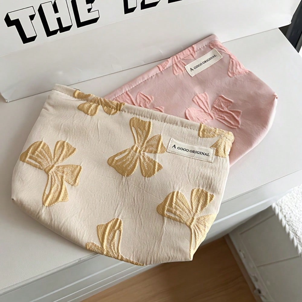 1pcs Large Capacity Canvas Bow Makeup Bag, 3d Printed Handbag, Student Pencil Case Storage Bag, High-End And Fashionable Style