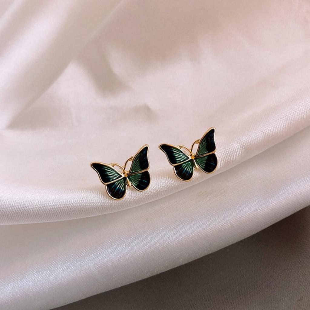 Elegant Gradient Green Enamel Butterfly Stud Earrings For Women Men Simple Cute Flying Butterfly Animal Earring Wedding Jewelry