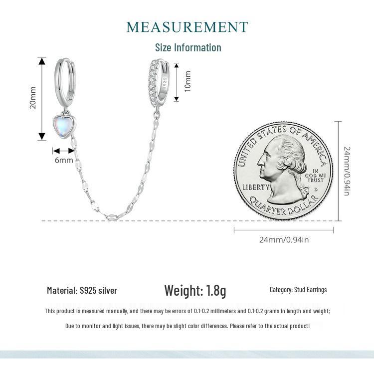 Avle Sterling Silver S925 Heart-Shaped Moonstone Chain Double Ear Cuff Earrings BSE809