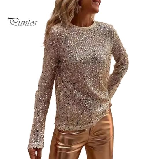 

Женские топы с круглым вырезом и длинными рукавами, пуловеры, топы с блестящими пайетками, блузка стандартного кроя, повседневная одежда S бежевый