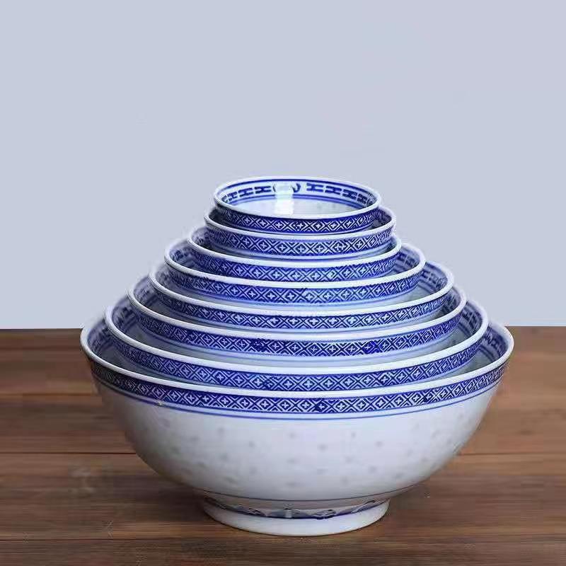 Niebiesko-biały porcelanowy zestaw miseczek Linglong w stylu retro (4-10 cali) – Idealny do ryżu, zupy lub makaronu.
