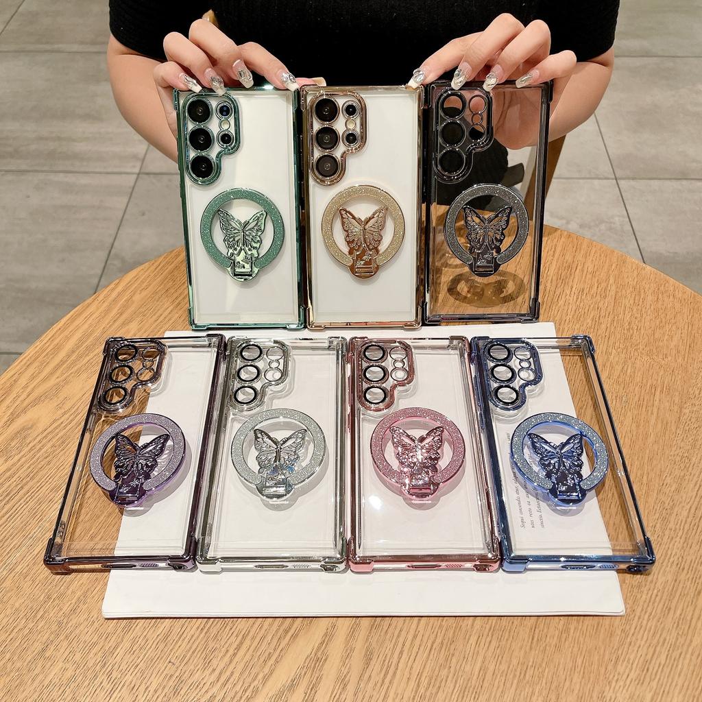 Suitable for Samsung S25 Ultra Mobile Phone Case Flash Powder Butterfly Magnetic Suction Bracket A53 Four Corner Airbag Anti Fall Protection Case