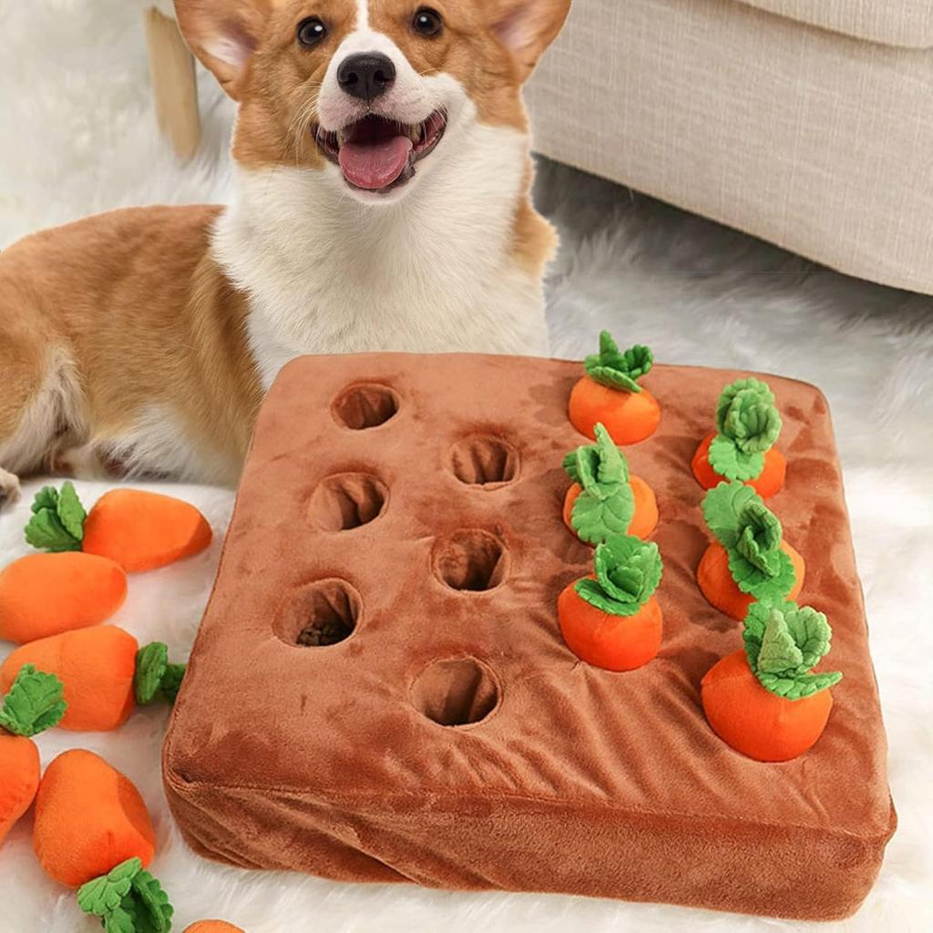 Carrot Dog Toys-Carrot Snuffle Mat for Dogs,Interactive Dog Plush Puzzle Toys,2 in 1 Non-Slip Nosework Feed Games Pet Stress Relief with 12 Carrots