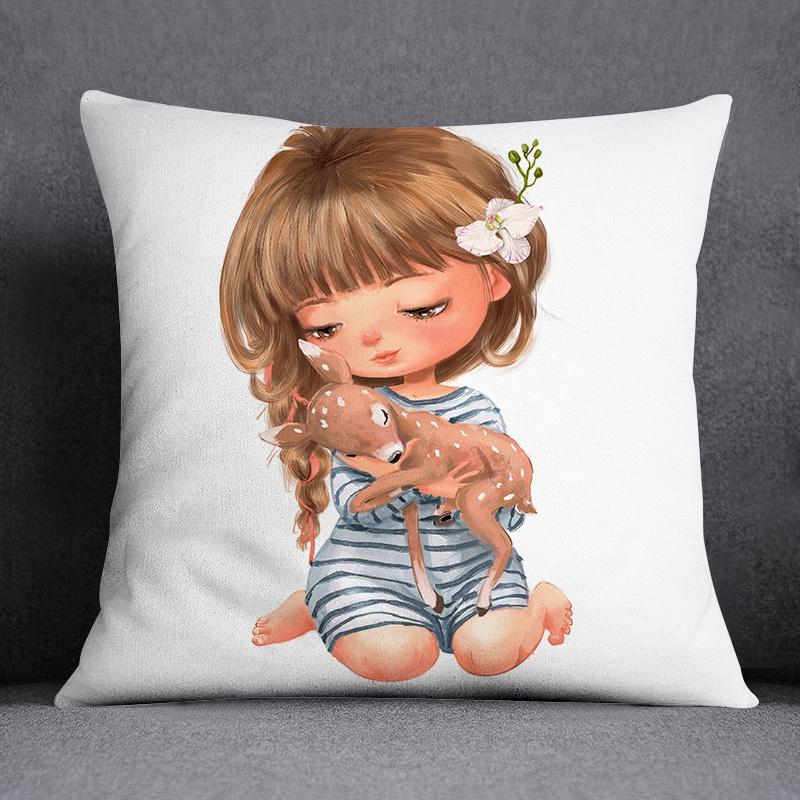 Yoga Little Girl Animal Series Pattern Decorative Pillowcase Square Pillowcase Home Office Ornament