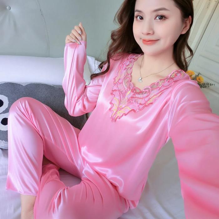 GMXIA Spring and Autumn Thin Ice Silk Pajamas for Women, Long-sleeved Lace for Summer, Smooth and Sexy Two-piece Set Home Wear for Women