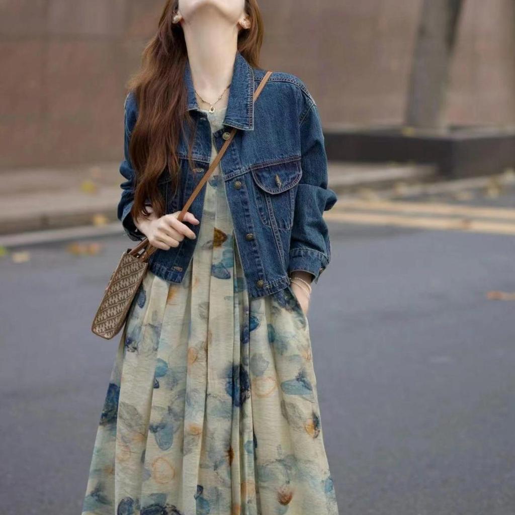 Spring 2025 Ink Print Dress & Denim Jacket Set - Age-Defying Fashion