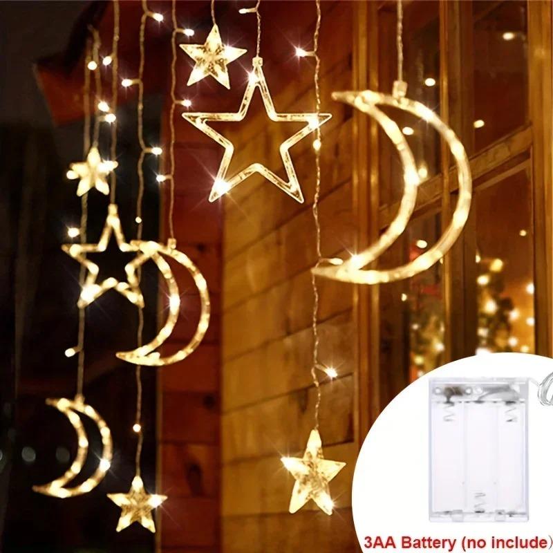 USB & Battery Operated Star Moon Curtain String Lights, Warm White & Multicolor LED Fairy Hanging Lights for Bedroom, Christmas, New Year Indoor Decor