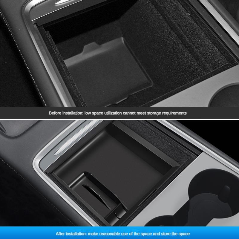 Center Console Organizer for Tesla Model Y 2023 2024 Rear Trunk Side Storage Box Bins Flocking Armrest Hidden Cup Tray Console