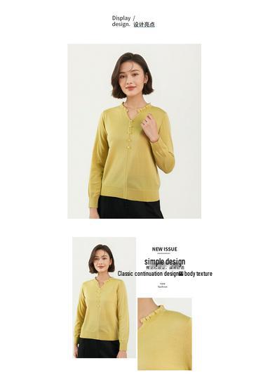 Autumn/Winter Women's 100% Pure Wool Ruffled Collar Sweater in Chinese Style - Little Chicken Yellow Base Layer