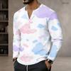 Men s Plus Size Notch Neck Long Sleeve Blue White Abstract Wave Printed Pullover Shirt