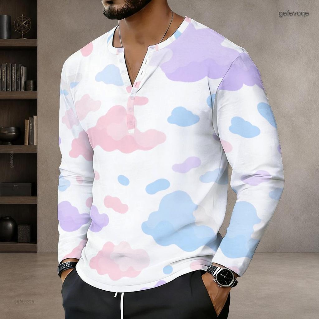 Men s Plus Size Notch Neck Long Sleeve Blue White Abstract Wave Printed Pullover Shirt