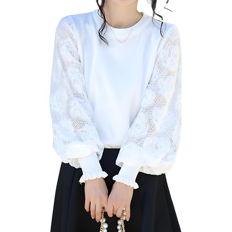 

[Newne] Sleeve lace puff sleeves tops knit Transparency long sleeve Beautiful Elegant formal pullover spring autumn white white See-through sleeve