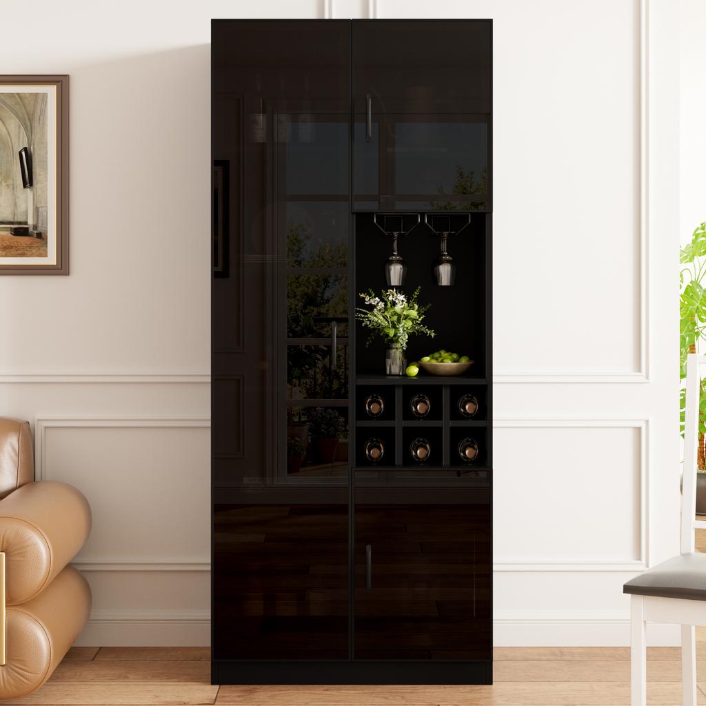 Vitrine mit LED-Beleuchtung App-Steuerbar, Glasschrank mit Glastüren, Weinregal und Stauraum, Wohnzimmerschrank
