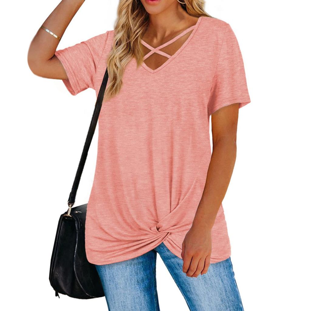 Women's Casual Fashion Sexy Solid Color Pullover Comfortable And Cool Cross V-neck Short-sleeved Loose T-shirt