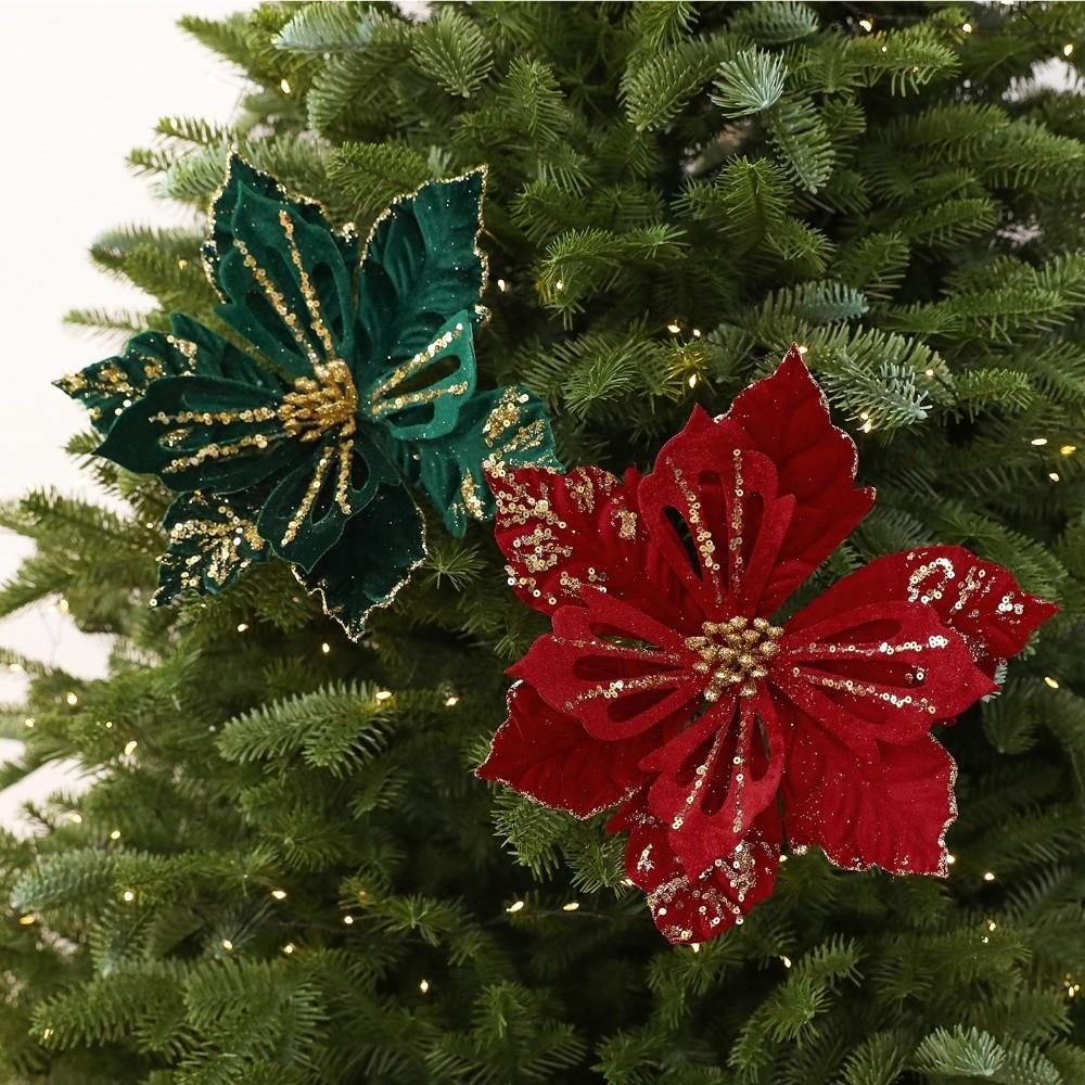 Flocking Velvet Artificial Poinsettia Realistic Holiday Xmas Flower Decor  Photo Props