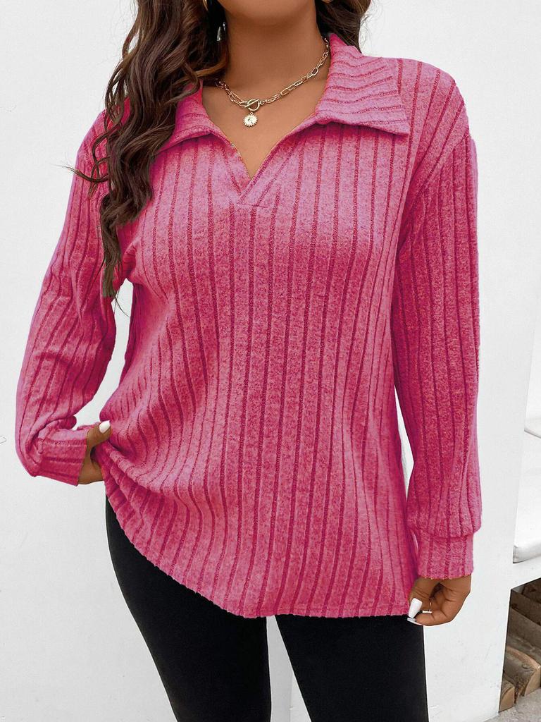 2023 Autumn/Winter Women's Plus Size V-Neck Ribbed Long Sleeve Brushed T-Shirt