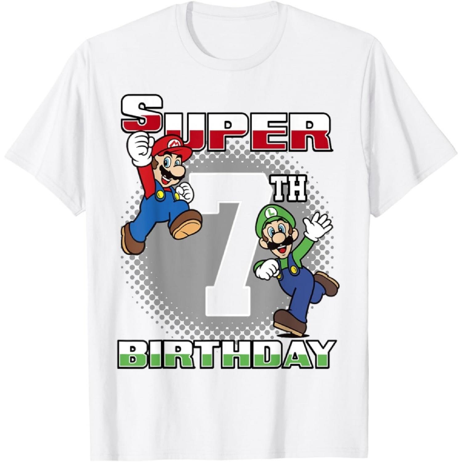 Super Mario And Luigi Super Birthday 7th Birthday Portrait T-Shirt S