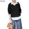 ZANZEA Dame Casual Nedslått Krage Langermet Patchwork Pullover Sweatshirts