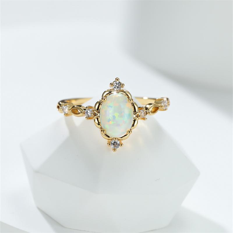 Oval Cut Mystic Blue White Fire Opal Rings For Women Gold Color Charm Rainbow Birthstone Wedding Bands Bridal Engagement Ring CZ