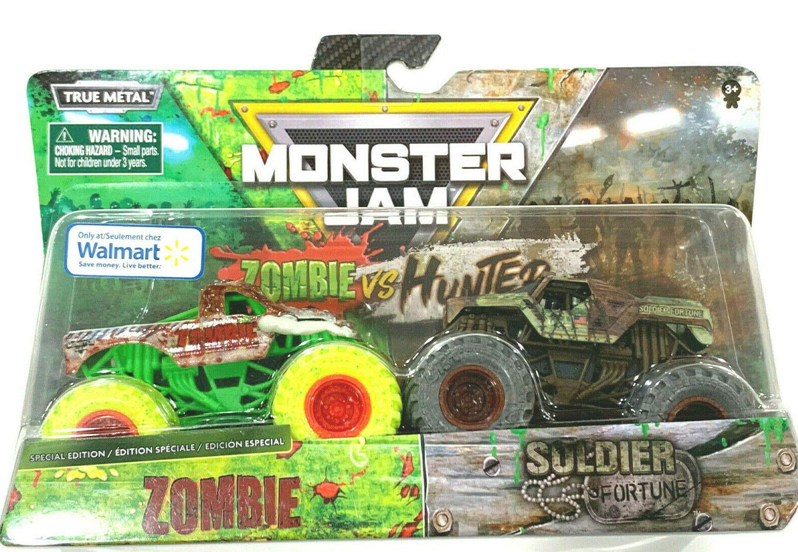 

Die Cast Monster Jam 2020 1:64 Scale Double Pack Zombie vs. Soldier Trucks for Kids (Ages 3+), Green, 2 Trucks