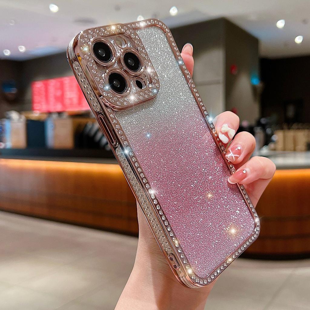 For iPhone 16 Pro Case Glitter Phone Case Rhinestone Decor Electroplating Protective Cover