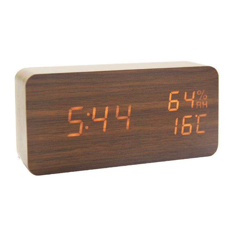 Rectangular Home Bedroom Electronic Temperature and Humidity Alarm Clock USB Voice Control LED Brightness Adjustment Digital Wood Clock