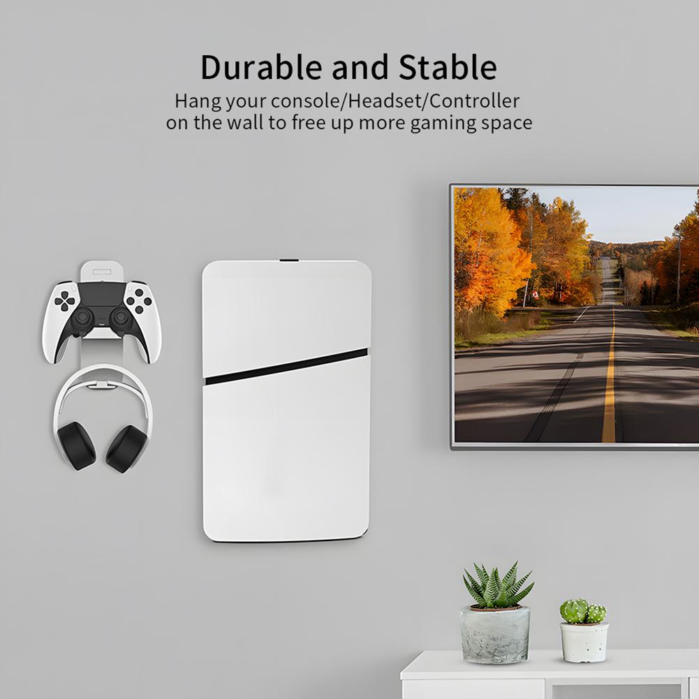 For PS5 Slim Host Wall Hanging Stand with Controller Headset Hook Display Holder Stable for PS5 Disc Version & Digital Edition
