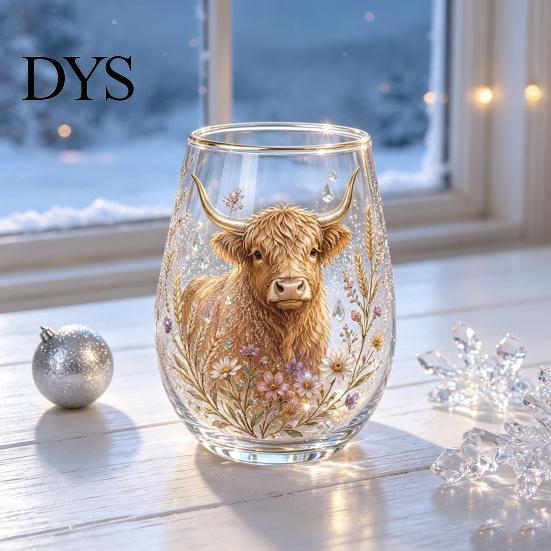 Christmas Themed Water Mug 330ML Glass Cup, Wreath/Santa Claus/Elk/Stockings/Snowman Pattern Holiday Glassware Compact for Breakfast Wine, Coffee,