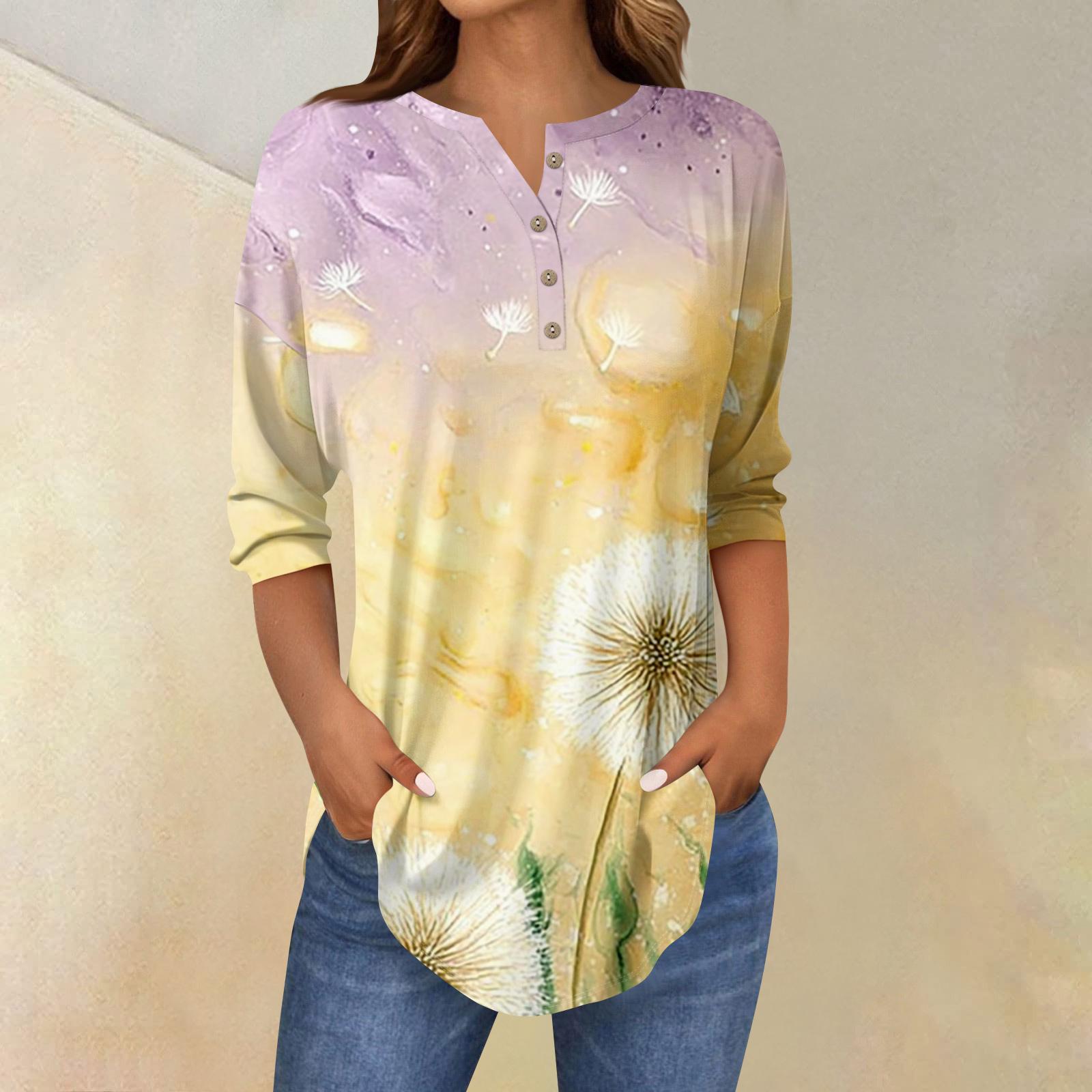 

Футболки для жінок осінні повсякденні сорочки з довгим рукавом 3/4 на ґудзиках Світшоти Вінтажний пуловер XL жовтий