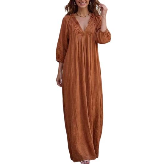 Bohemian Inspired Dress Ruffle V-Neck Long Dress, 3/4 Sleeves Maxi for Comfortable Women Dresses Women, Solid Color Casual Loose Spring Fall