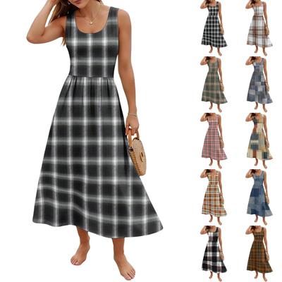 Ladies' Checkered Summer Casual and Fashionable Sleeveless Long Dress
