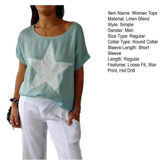 Dam Sommartoppar Kortärmad Rundhals T-shirt Hot Drill Stjärntryck Lös Passform Casual T-shirt Daglig Användning