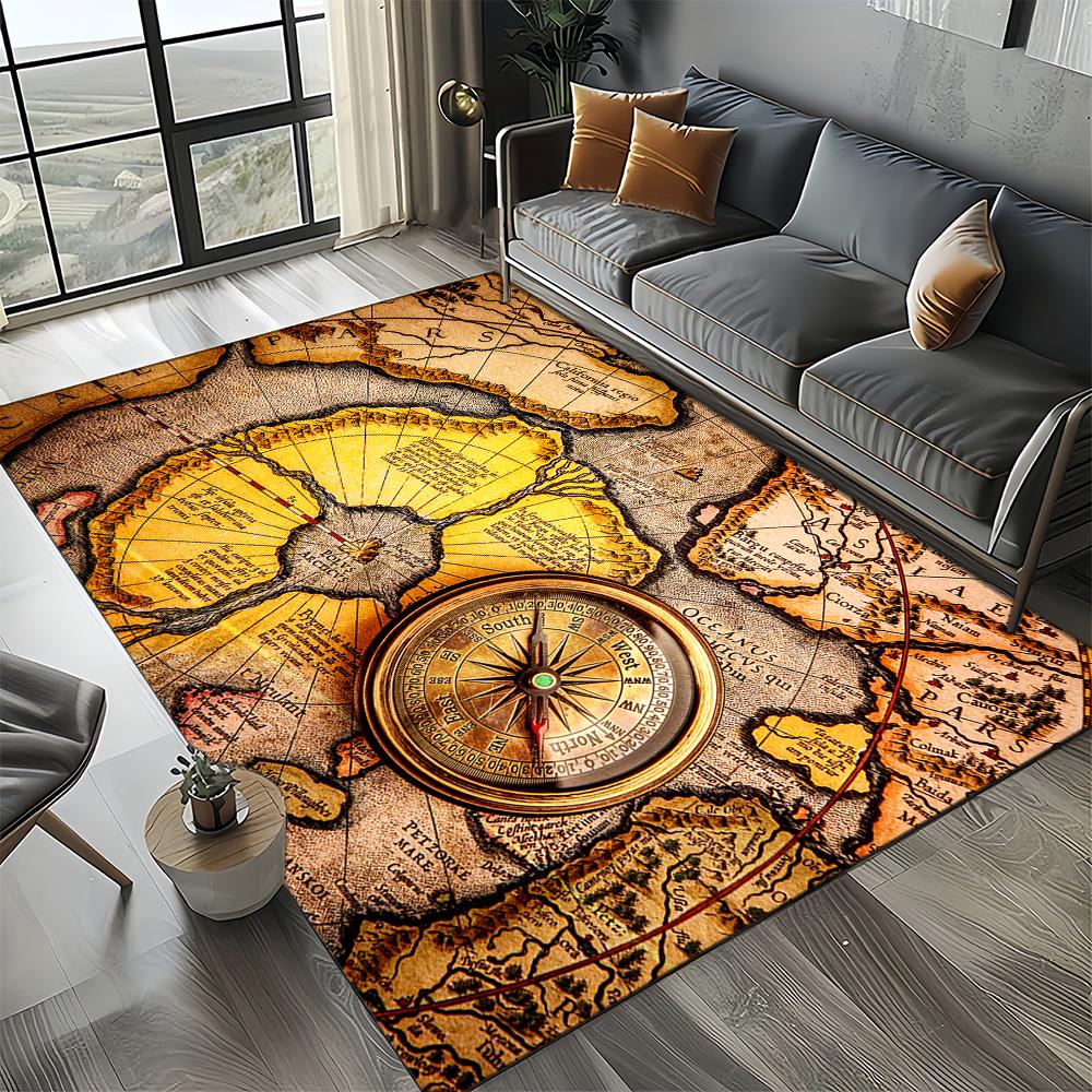 2025 New Style Retro Marine Nautical Chart Compass Carpet Rug for Home Living Room Bedroom Sofa Doormat Decor,Non-slip Floor Mat