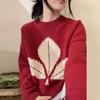 Red Bow Embroidery Knit Top: Women's Round Neck Long Sleeve, 2025 Autumn/Winter Fashion
