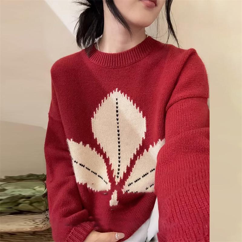 Red Bow Embroidery Knit Top: Women's Round Neck Long Sleeve, 2025 Autumn/Winter Fashion