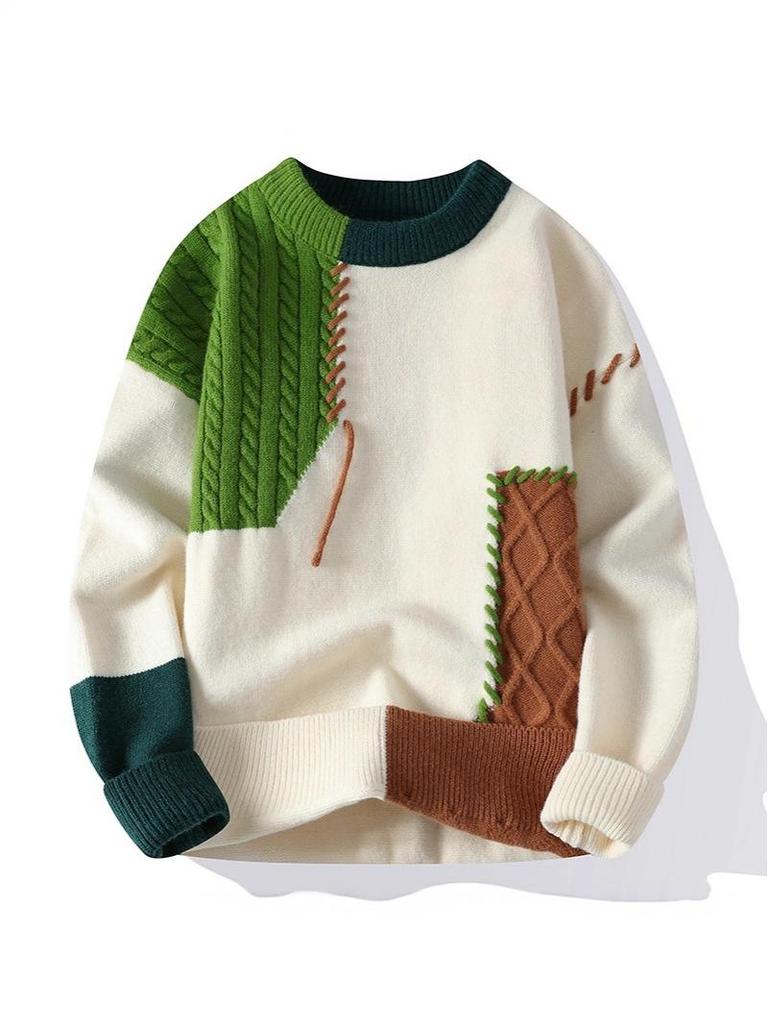 Men's Autumn/Winter Color Block Crew Neck Sweater - Trendy, Warm, Loose Knitwear, Casual Base Layer