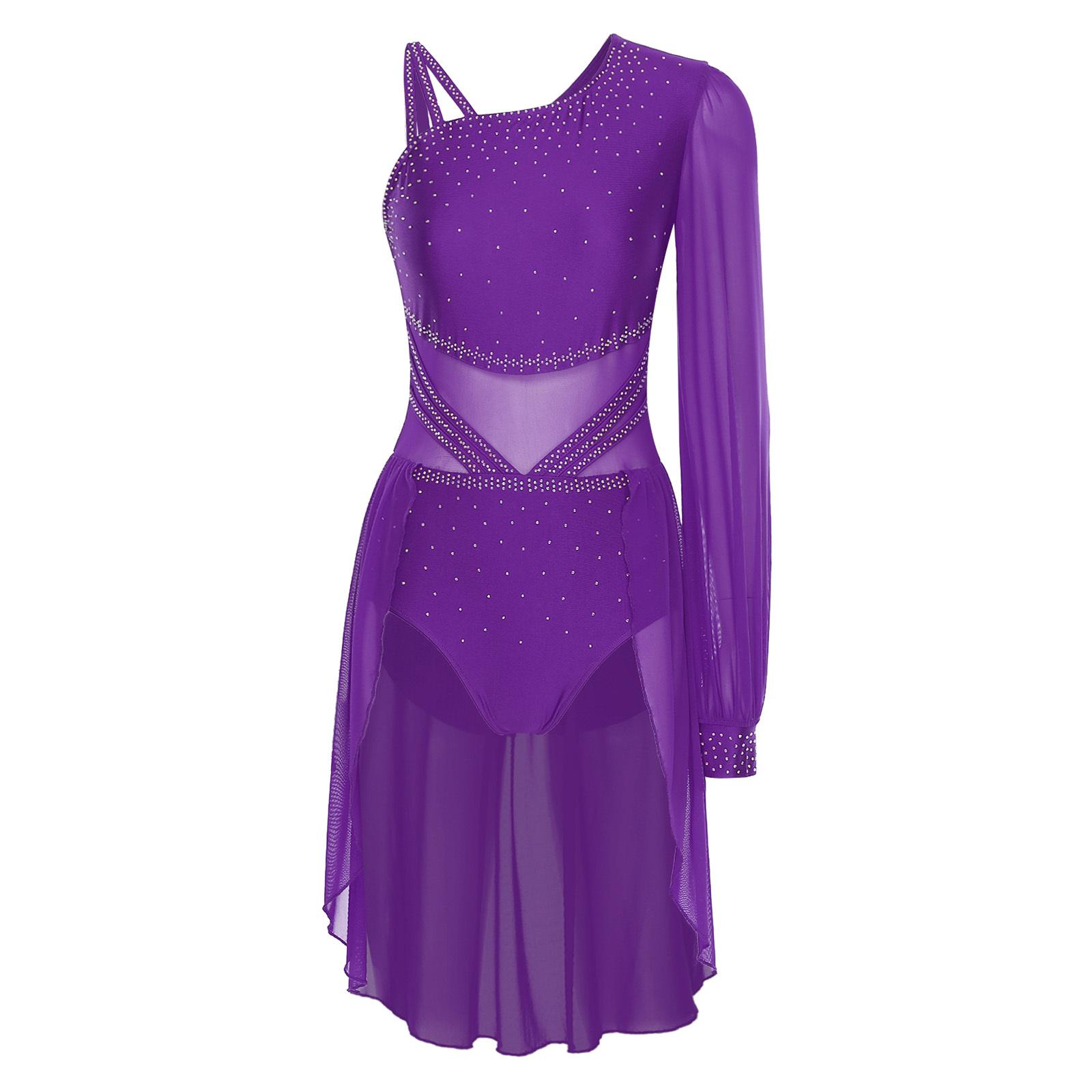 

Жіноча сукня для латиноамериканських танців на одне плече, з одним рукавом, з блискучими стразами, костюм для виступів S фіолетовий