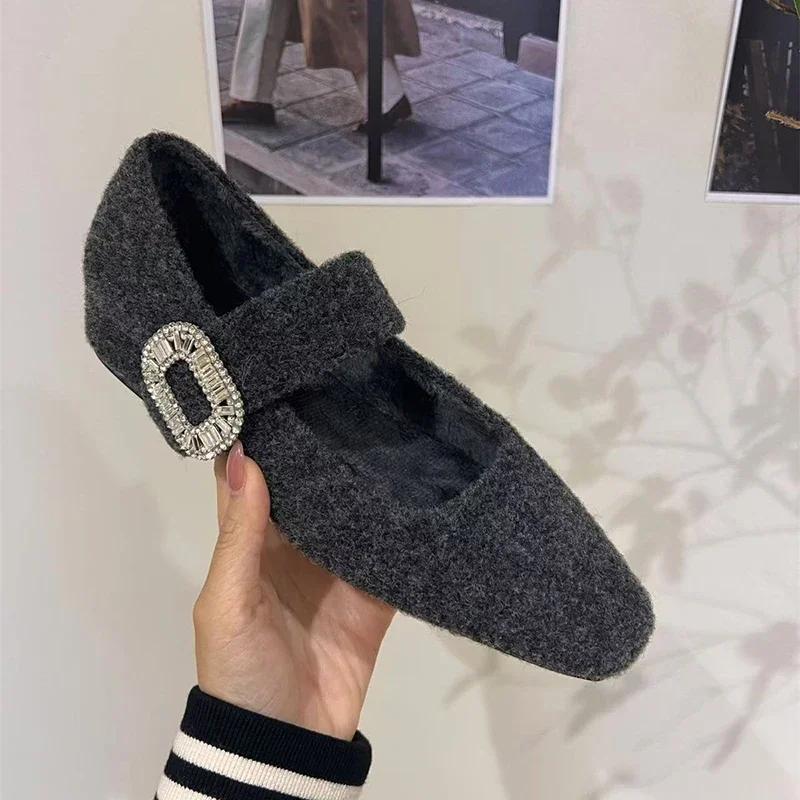 Fashion Warm Fleece 3CM Women Mary Jane Shoes Fashion Crystal Buckle 2025 Spring Wedding Party Female Shoes
