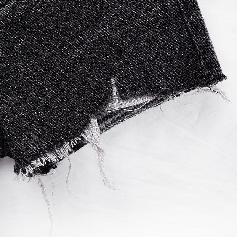 Fashionable Versatile Design Sense of Raw Edge Broken Holes Denim Shorts Female Summer Black and Gray High-waisted Super Short Pants Versatile Pants