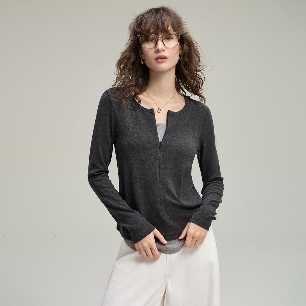 Women's Half-Zip Two-Piece Design Long-Sleeve T-Shirt – Autumn 2025 Collection, Soft & Slim Fit