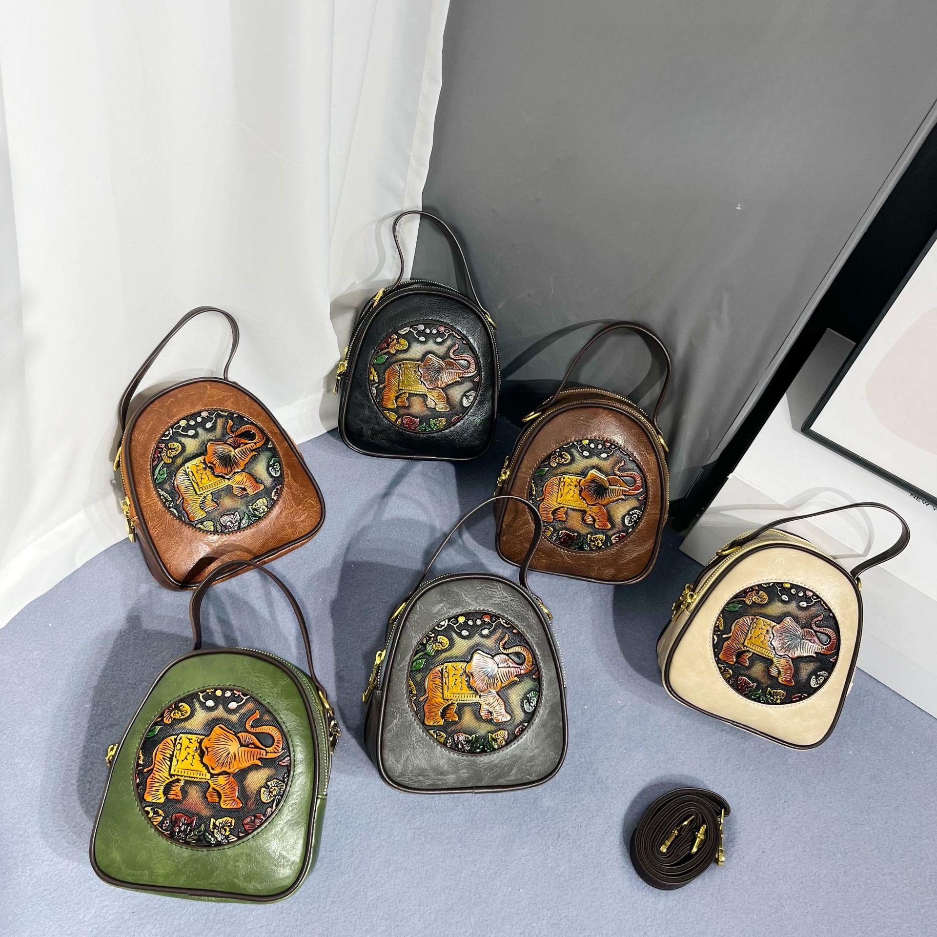 

Ethnic Vintage Round Crossbody - Hand Embossed Ladies Shoulder Bag Minimalist Texture Commuter Large Capacity Handbag